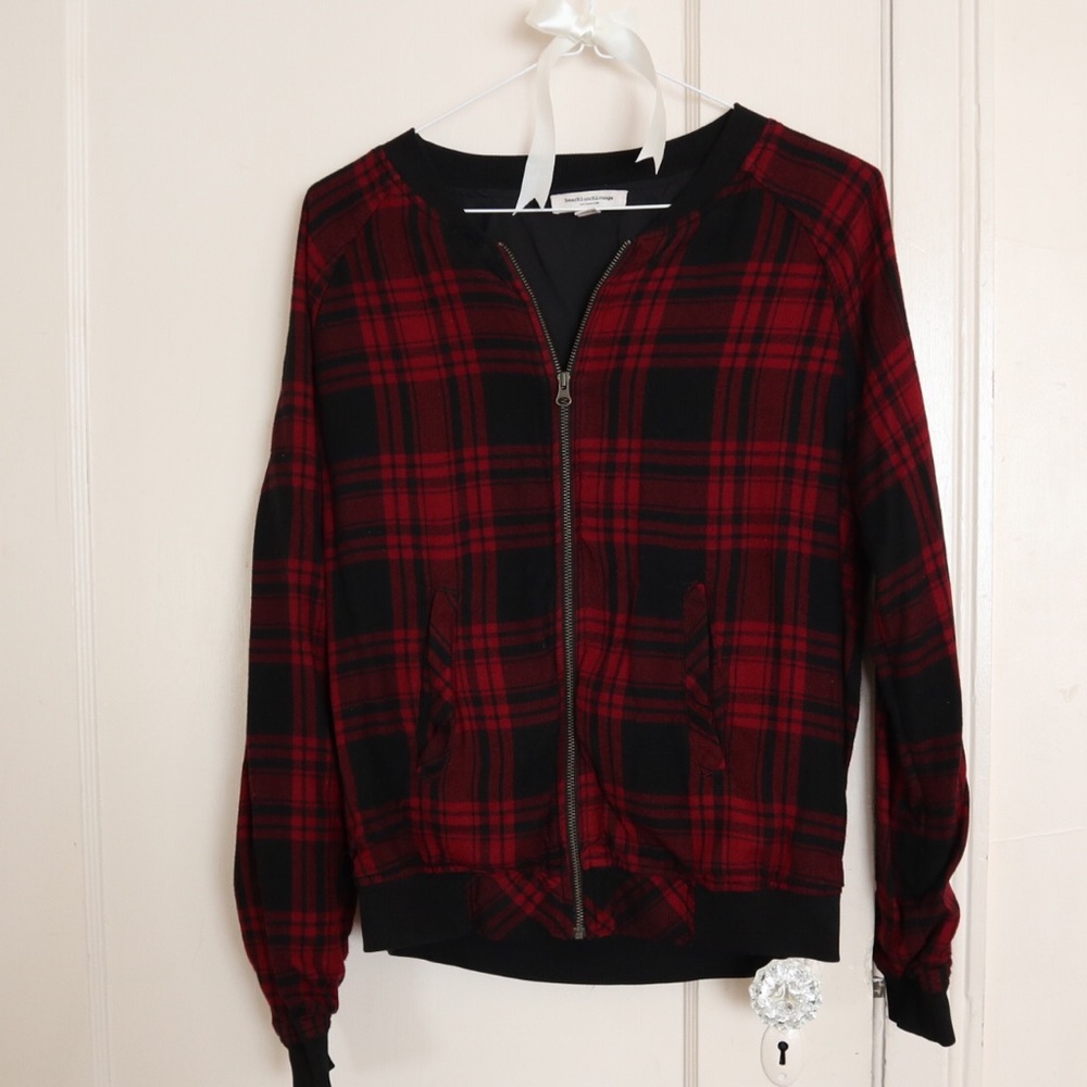 Flannel bomber zip up jacket